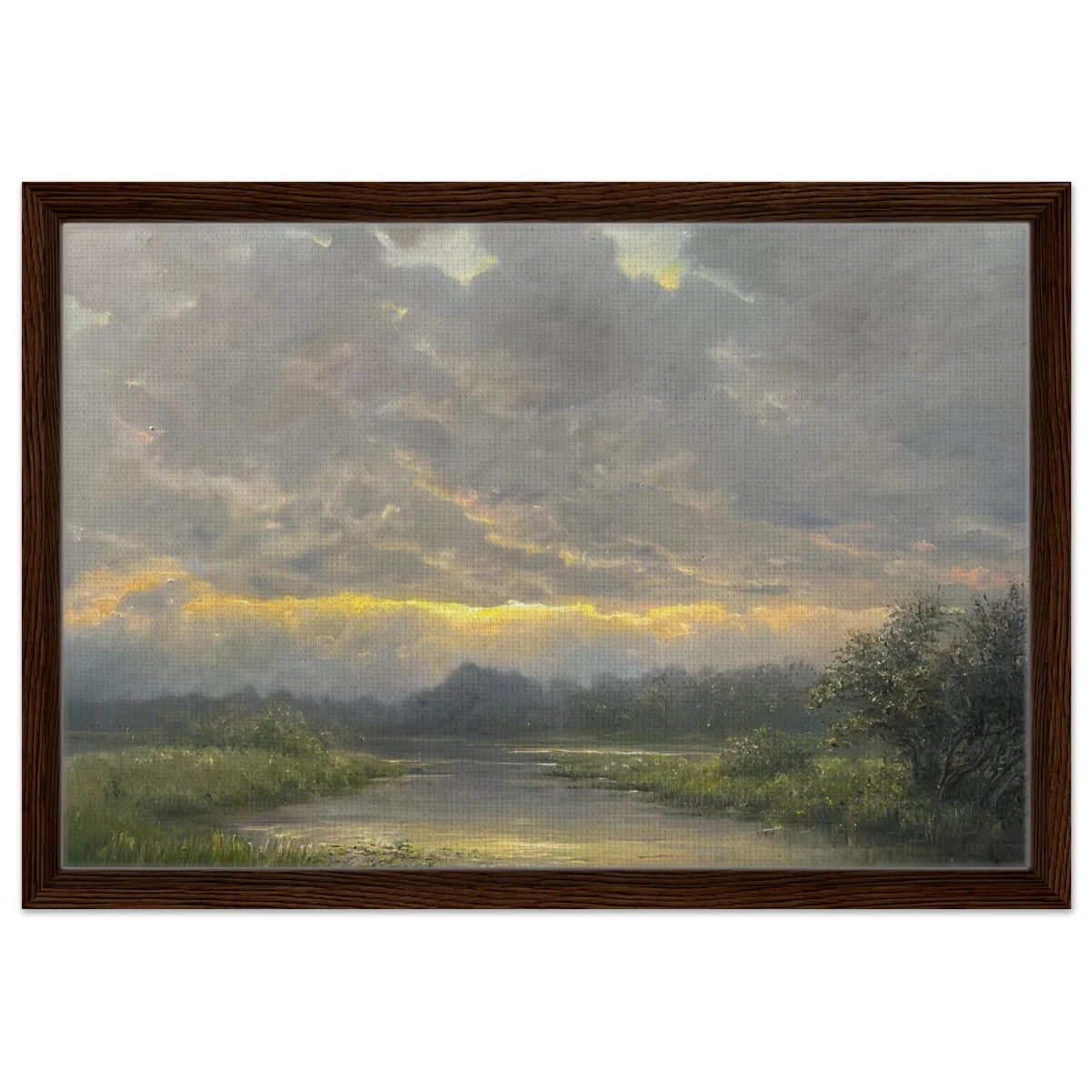 "Dawn’s Embrace" Tranquil Riverland Landscape Wall Art Print - Framed Canvas - 40x60 cm / 16x24″ - Dark wood frame