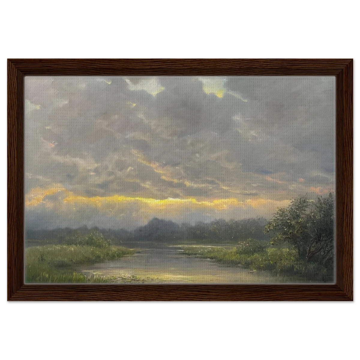 "Dawn’s Embrace" Tranquil Riverland Landscape Wall Art Print - Framed Canvas - 30x45 cm / 12x18″ - Dark wood frame