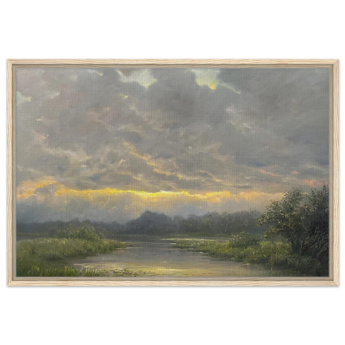 "Dawn’s Embrace" Tranquil Riverland Landscape Wall Art Print - Framed Canvas - 60x90 cm / 24x36″ - Wood frame