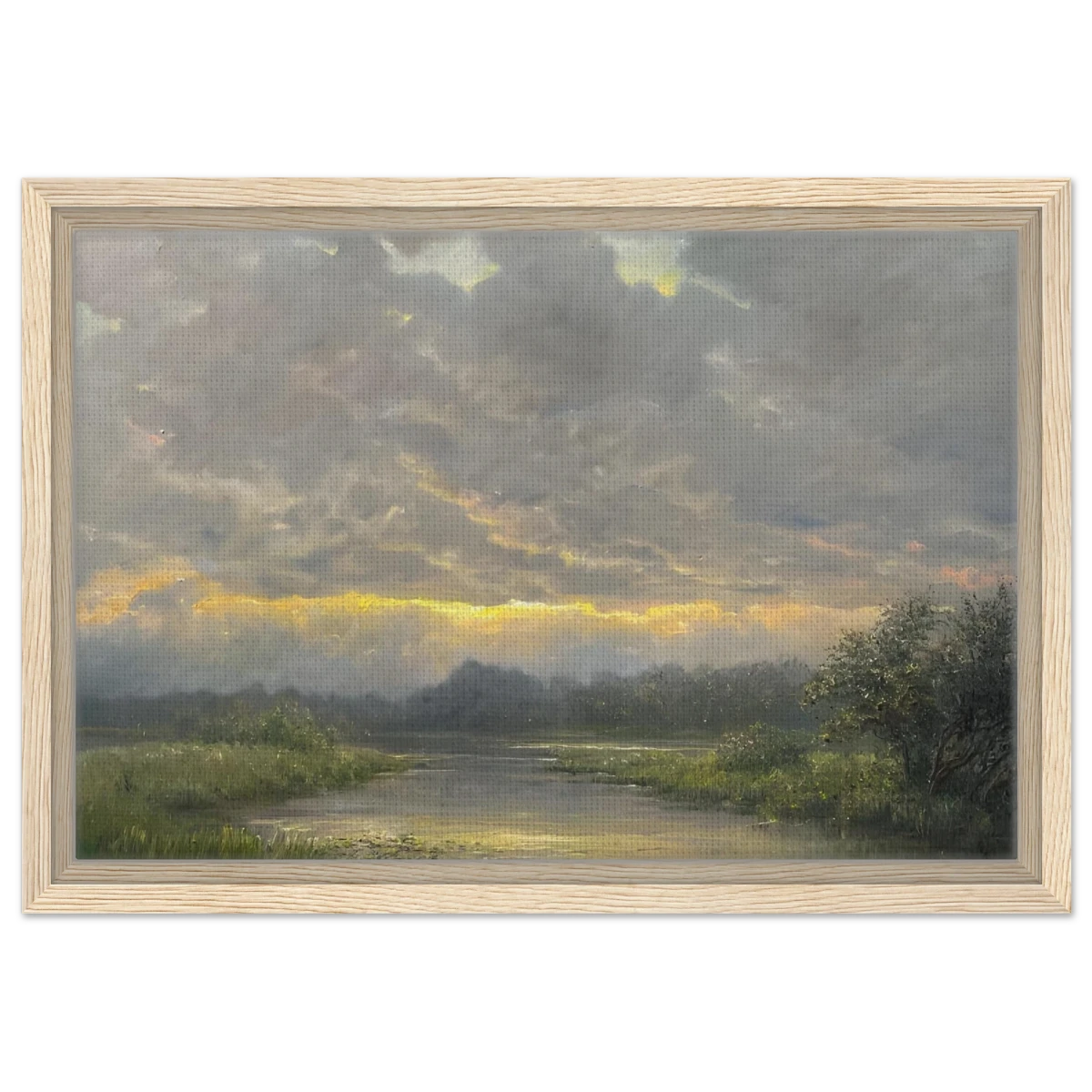 "Dawn’s Embrace" Tranquil Riverland Landscape Wall Art Print - Framed Canvas - 30x45 cm / 12x18″ - Wood frame