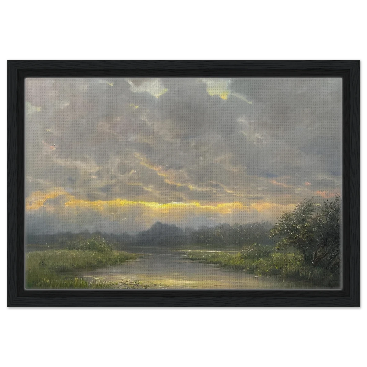 "Dawn’s Embrace" Tranquil Riverland Landscape Wall Art Print - Framed Canvas - 30x45 cm / 12x18″ - Black frame
