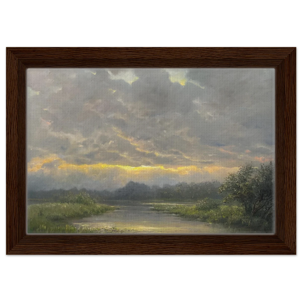 "Dawn’s Embrace" Tranquil Riverland Landscape Wall Art Print - Framed Canvas - 20x30 cm / 8x12″ - Dark wood frame