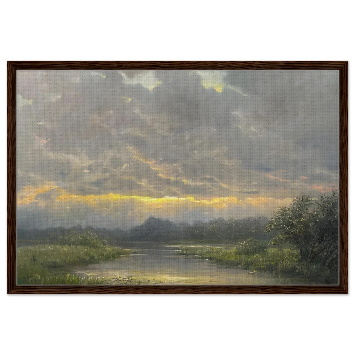 "Dawn’s Embrace" Tranquil Riverland Landscape Wall Art Print - Framed Canvas - 60x90 cm / 24x36″ - Dark wood frame