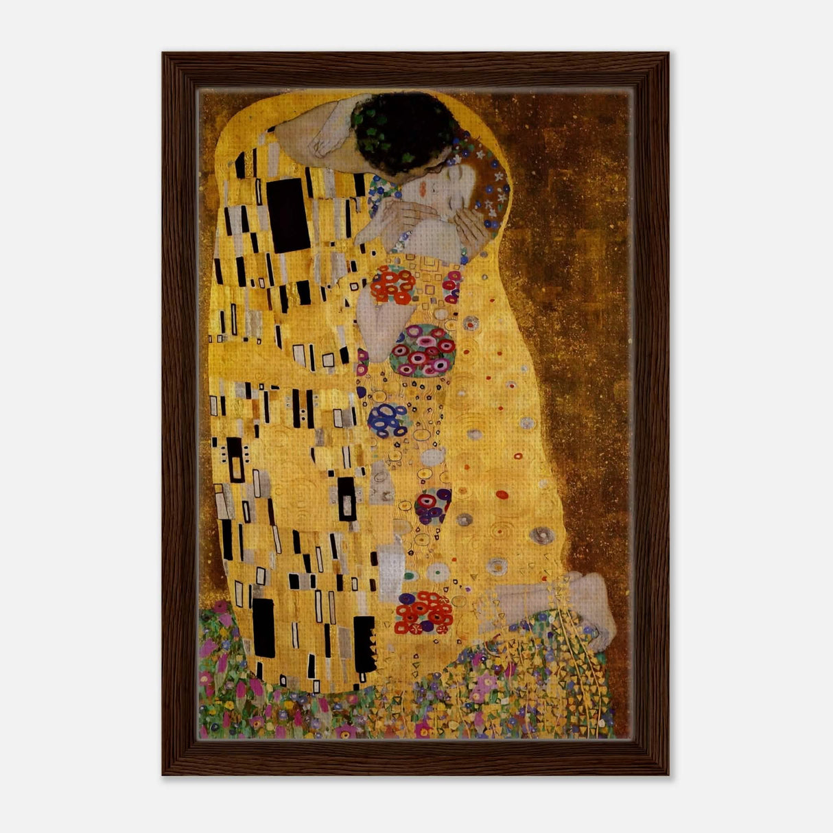 Der Kuss : The Kiss by Gustav Klimt 1908 | vintage wall art print - Framed Canvas - 30x45 cm / 12x18″ - Dark wood frame