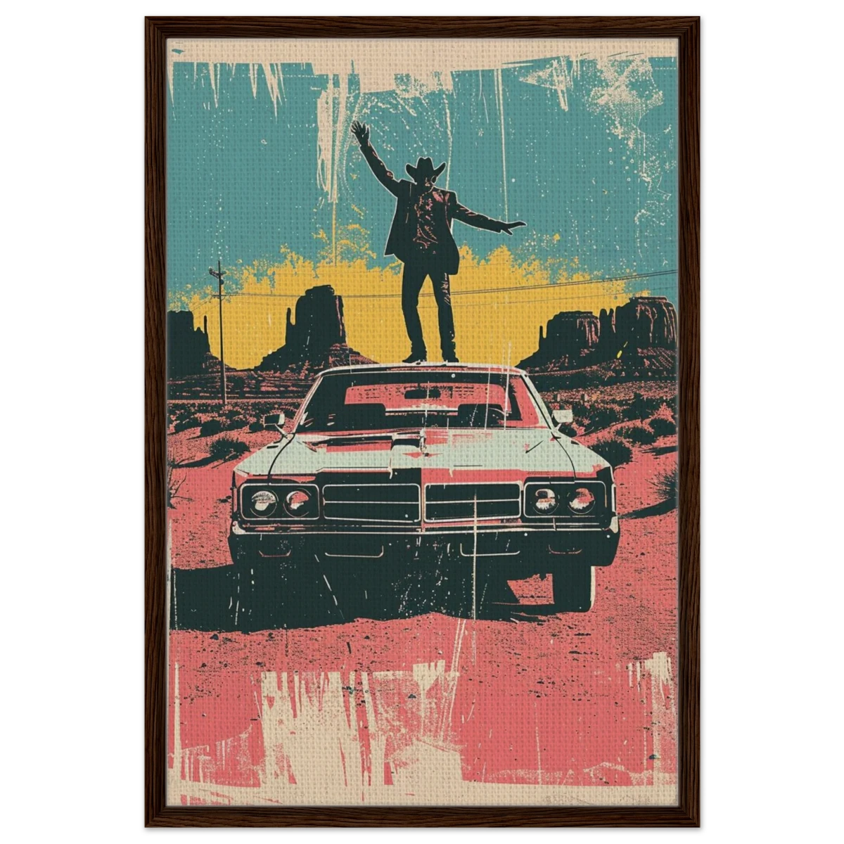 "Desert Swagger" – Retro Western Pop Art Print - Framed Canvas - 60x90 cm / 24x36″ - Dark wood frame