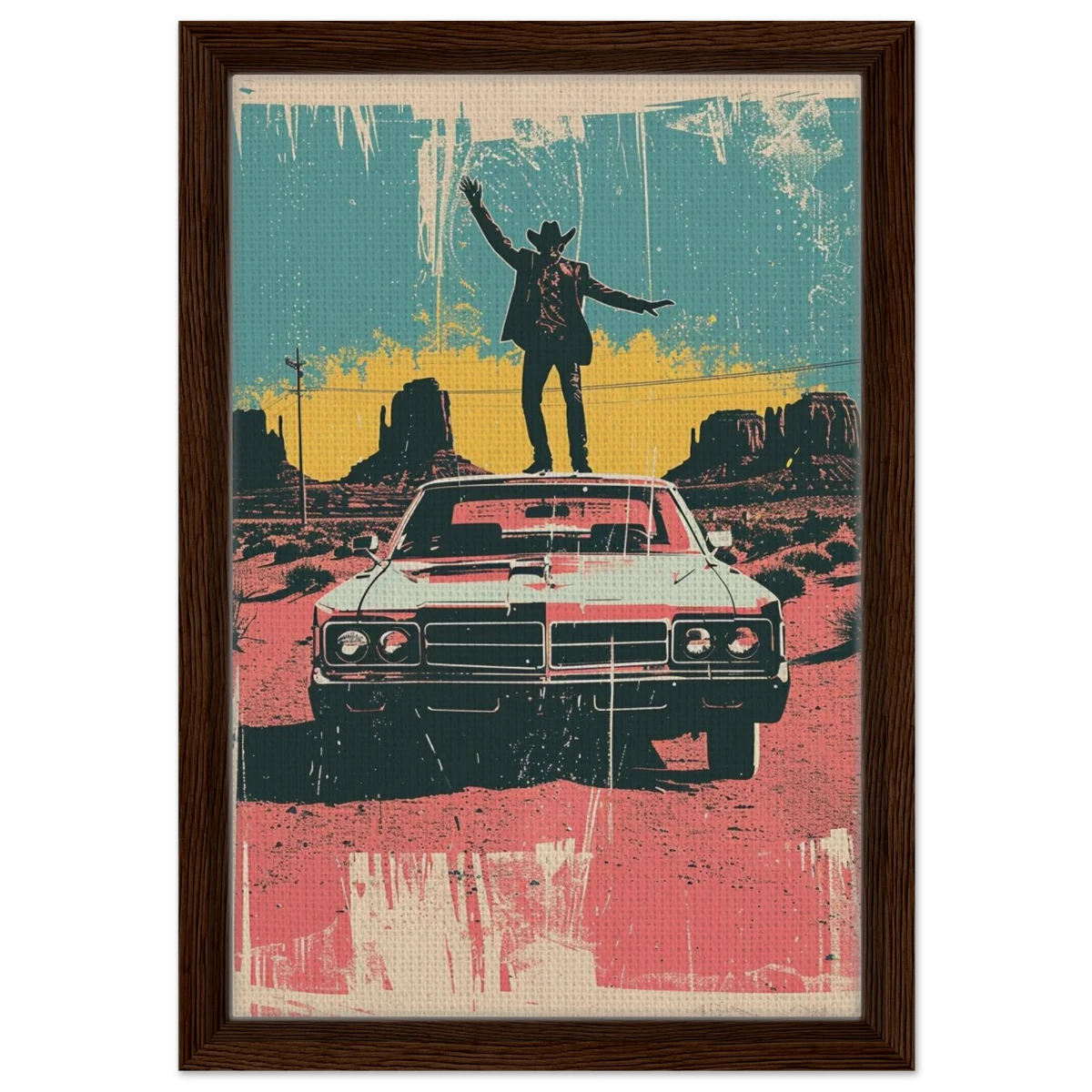 "Desert Swagger" – Retro Western Pop Art Print - Framed Canvas - 30x45 cm / 12x18″ - Dark wood frame