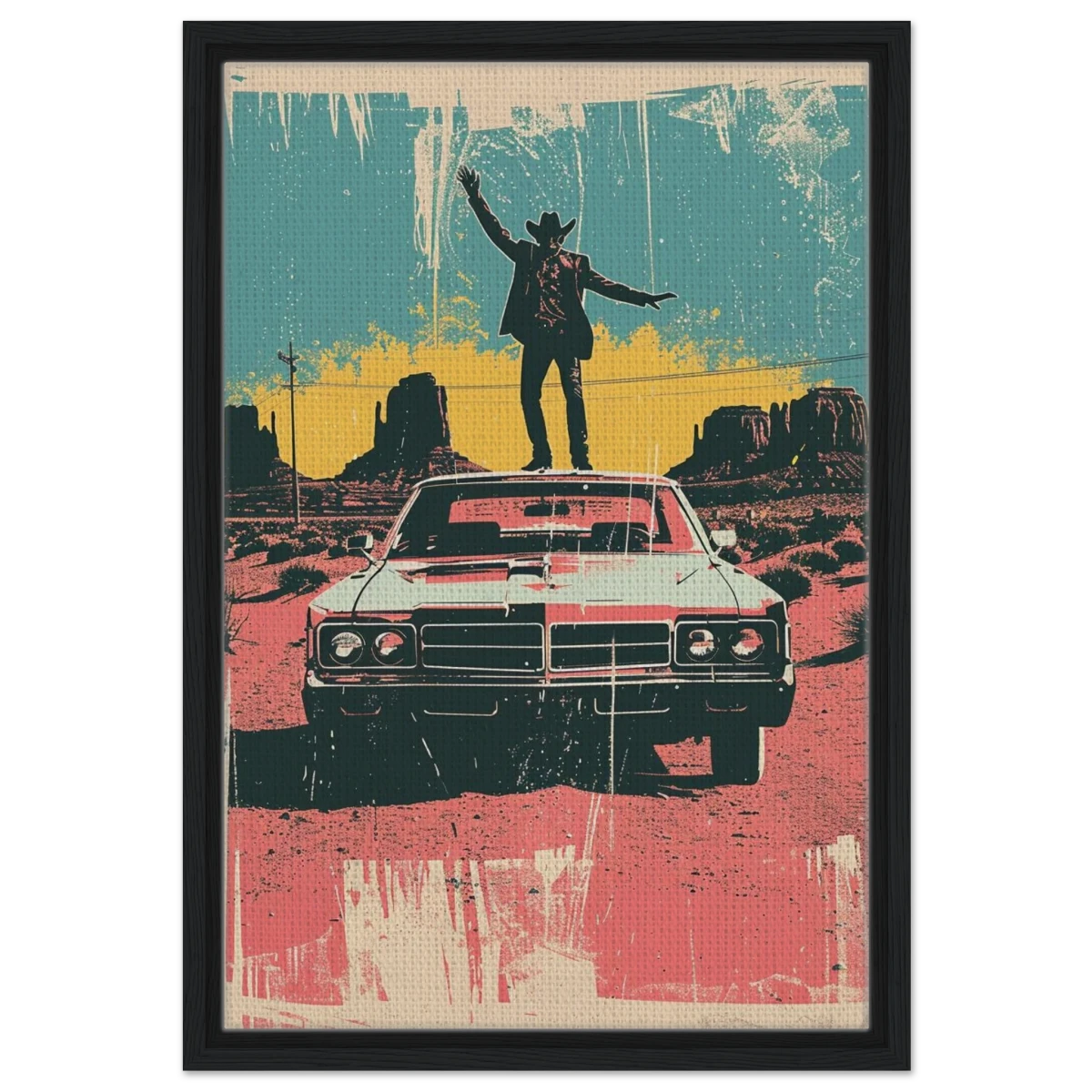 "Desert Swagger" – Retro Western Pop Art Print - Framed Canvas - 40x60 cm / 16x24″ - Black frame