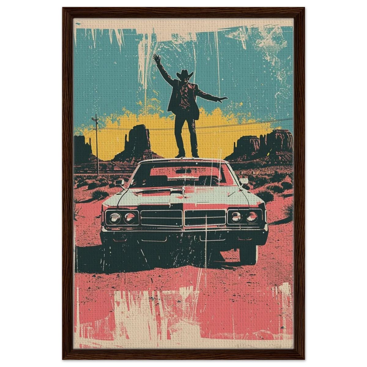 "Desert Swagger" – Retro Western Pop Art Print - Framed Canvas - 50x75 cm / 20x30″ - Dark wood frame