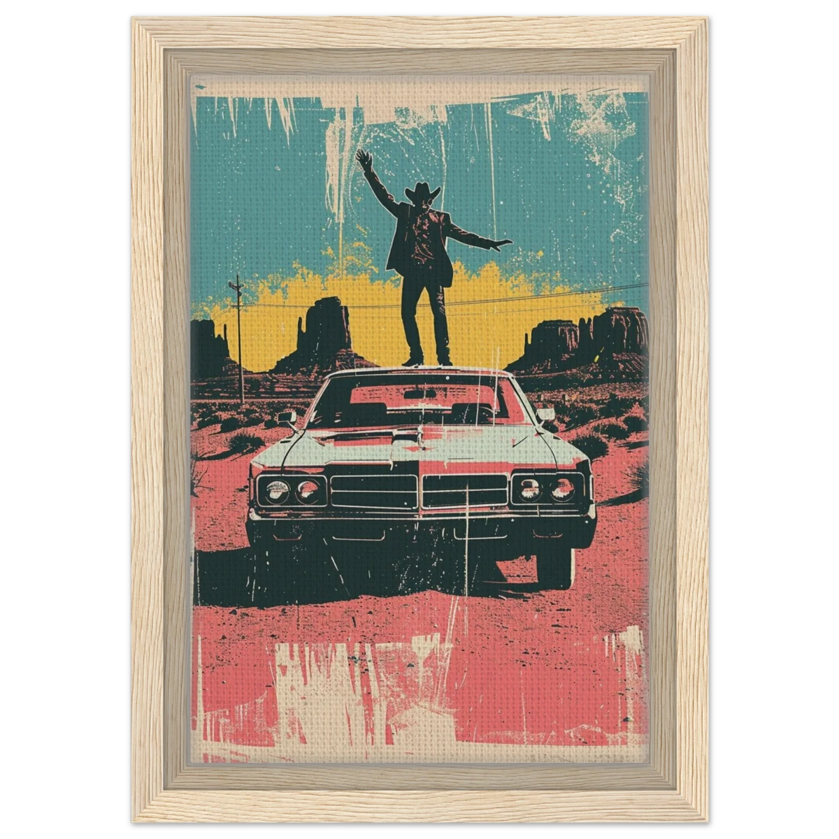 "Desert Swagger" – Retro Western Pop Art Print - Framed Canvas - 20x30 cm / 8x12″ - Wood frame