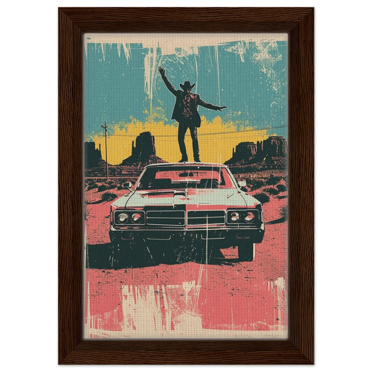 "Desert Swagger" – Retro Western Pop Art Print - Framed Canvas - 20x30 cm / 8x12″ - Dark wood frame