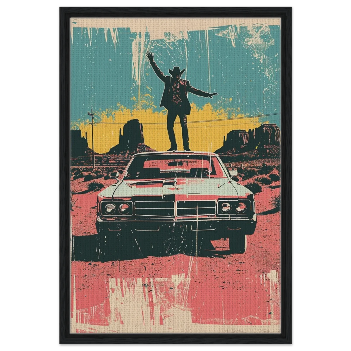 "Desert Swagger" – Retro Western Pop Art Print - Framed Canvas - 50x75 cm / 20x30″ - Black frame