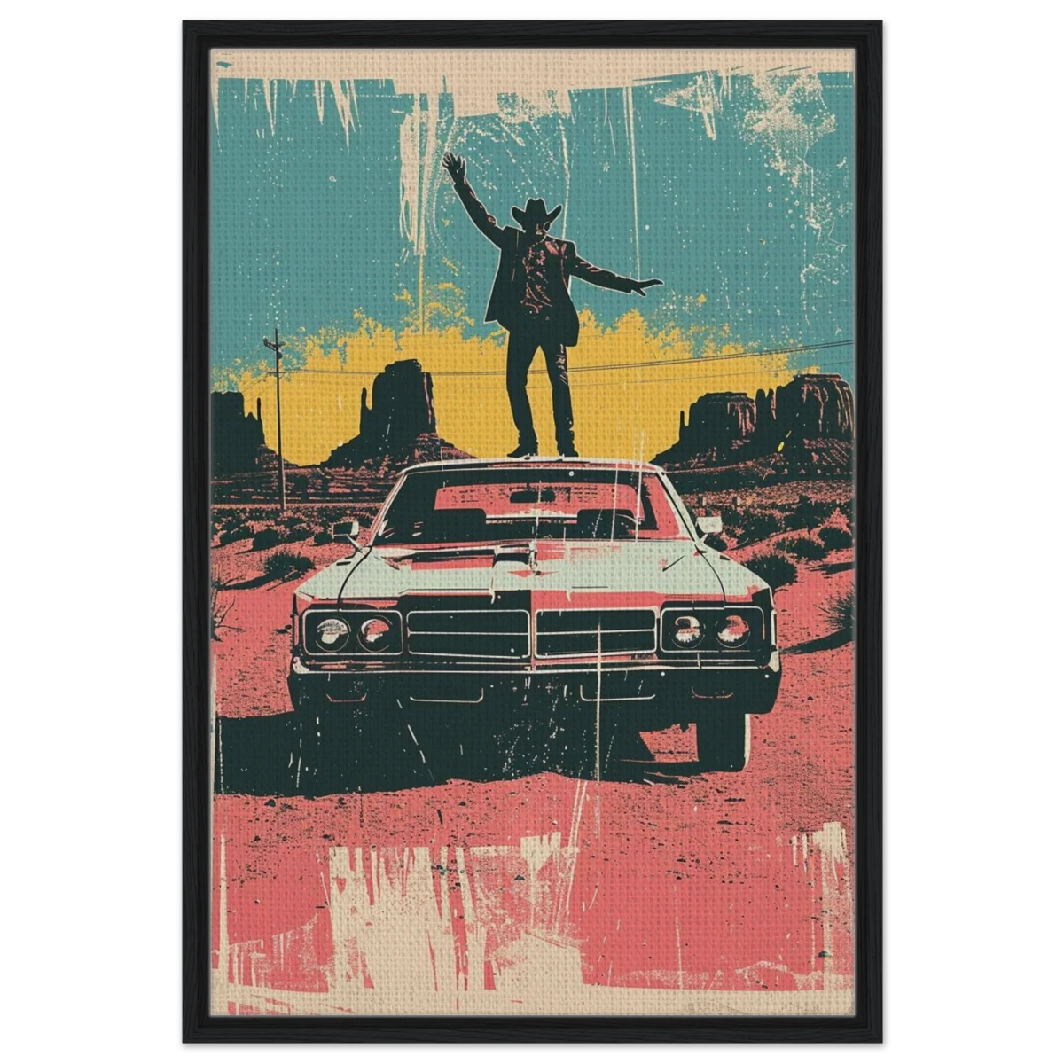 "Desert Swagger" – Retro Western Pop Art Print - Framed Canvas - 60x90 cm / 24x36″ - Black frame