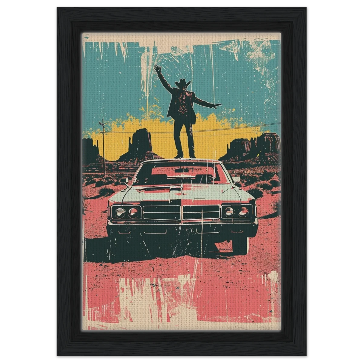 "Desert Swagger" – Retro Western Pop Art Print - Framed Canvas - 20x30 cm / 8x12″ - Black frame