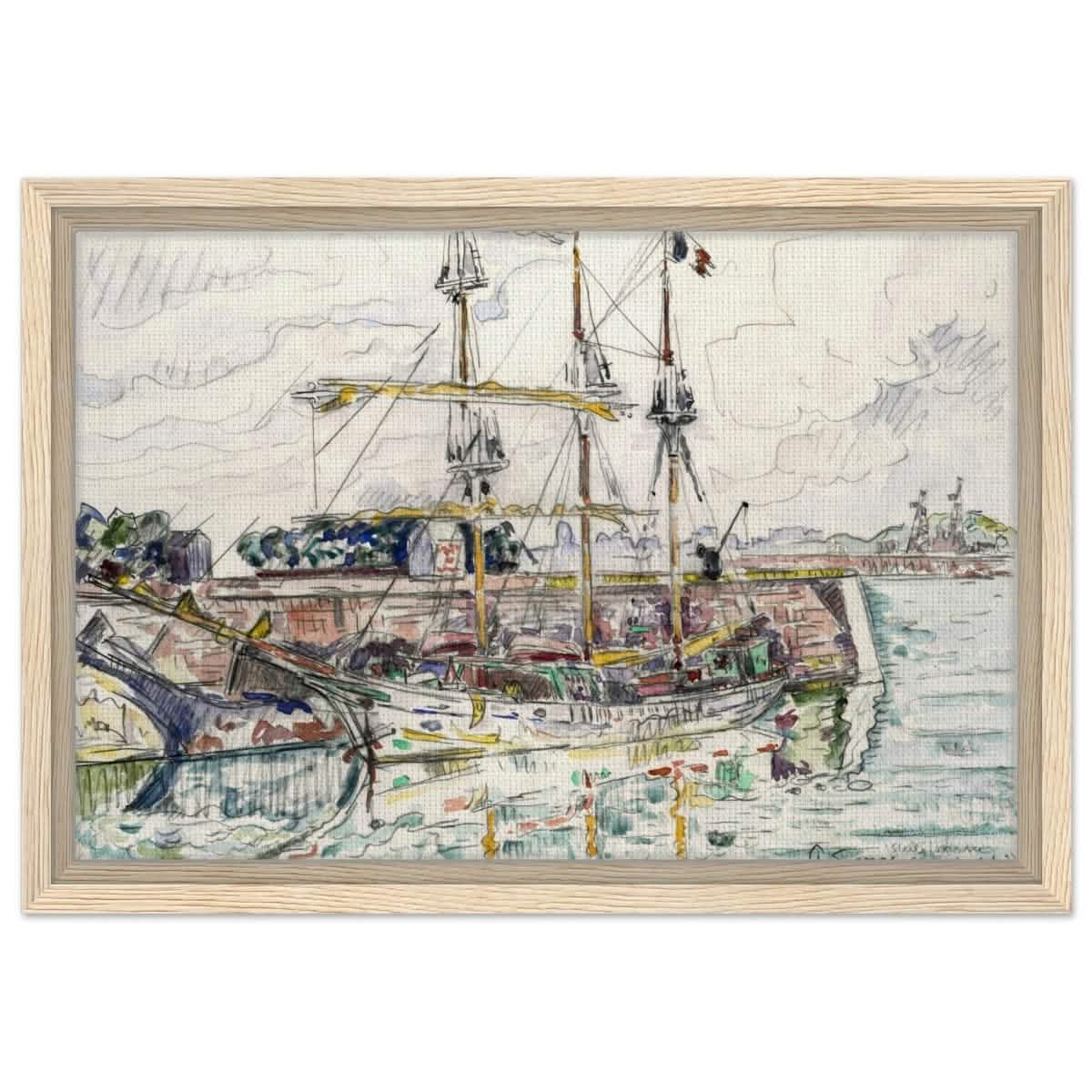 Docks at Saint Malo (1927) by Paul Signac | Vintage wall art print - Framed Canvas - 30x45 cm / 12x18″ - Wood frame