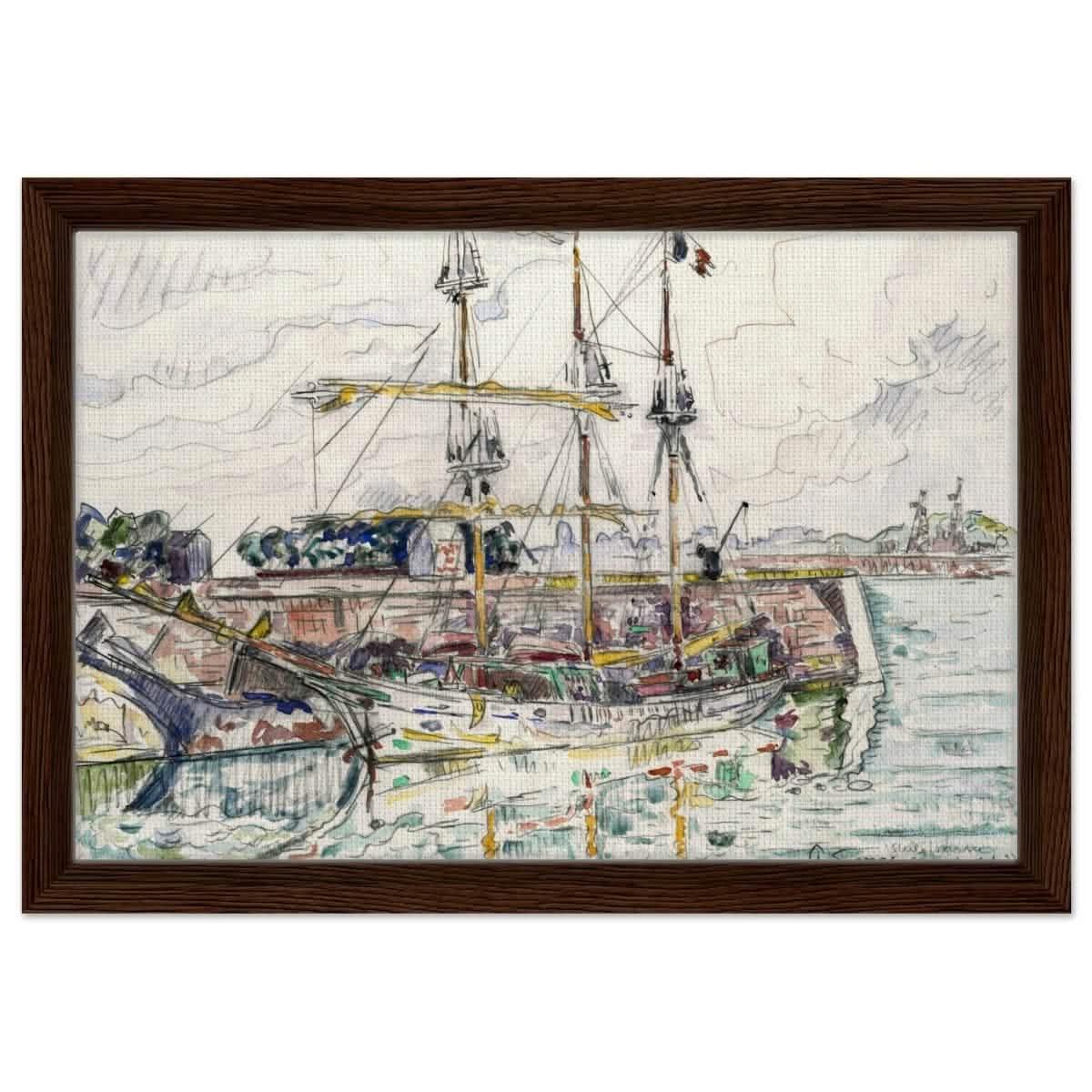 Docks at Saint Malo (1927) by Paul Signac | Vintage wall art print - Framed Canvas - 30x45 cm / 12x18″ - Dark wood frame
