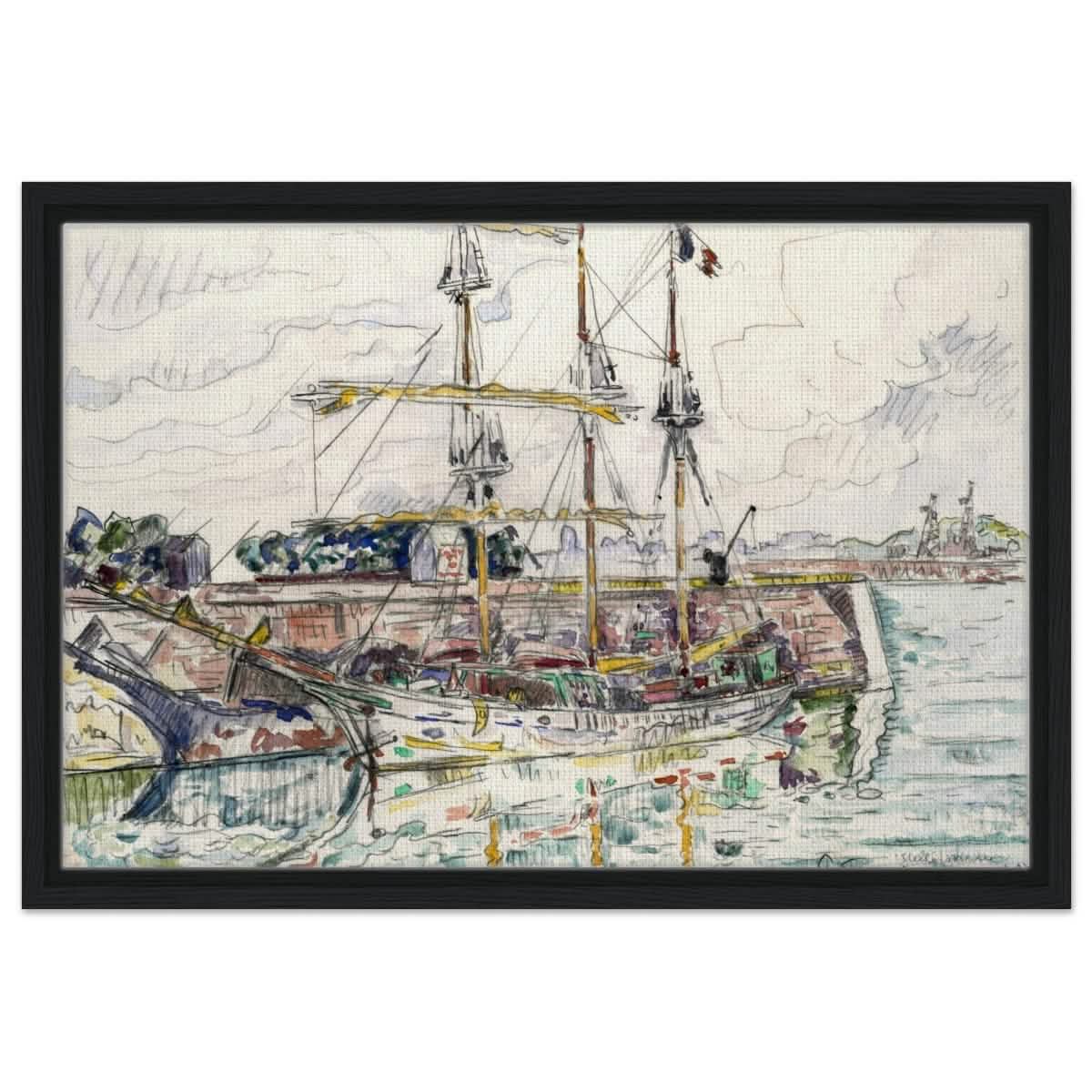 Docks at Saint Malo (1927) by Paul Signac | Vintage wall art print - Framed Canvas - 40x60 cm / 16x24″ - Black frame