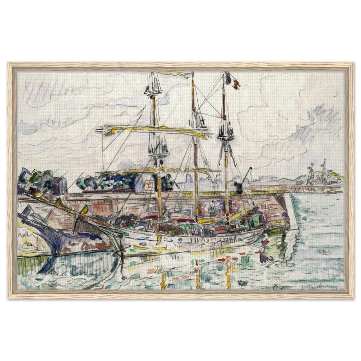 Docks at Saint Malo (1927) by Paul Signac | Vintage wall art print - Framed Canvas - 60x90 cm / 24x36″ - Wood frame