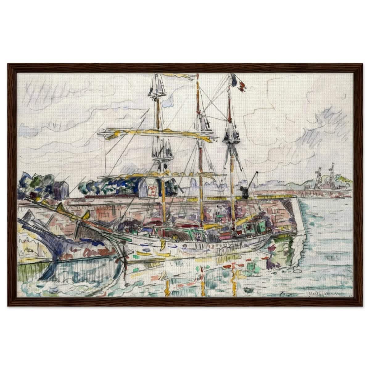 Docks at Saint Malo (1927) by Paul Signac | Vintage wall art print - Framed Canvas - 60x90 cm / 24x36″ - Dark wood frame