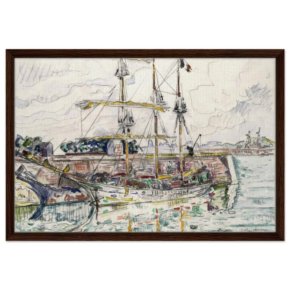 Docks at Saint Malo (1927) by Paul Signac | Vintage wall art print - Framed Canvas - 50x75 cm / 20x30″ - Dark wood frame