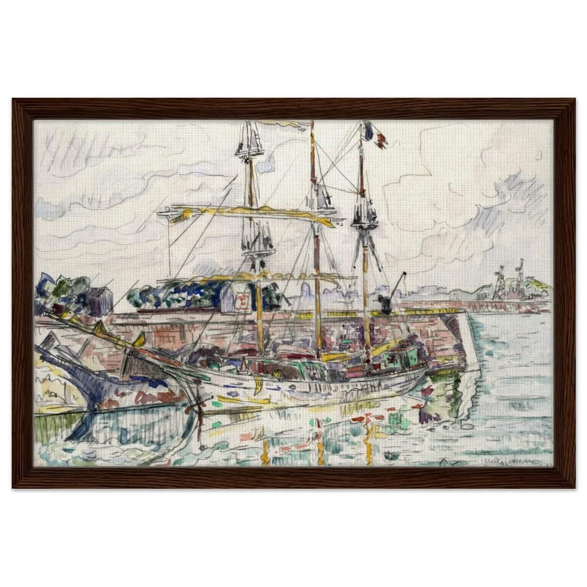 Docks at Saint Malo (1927) by Paul Signac | Vintage wall art print - Framed Canvas - 40x60 cm / 16x24″ - Dark wood frame