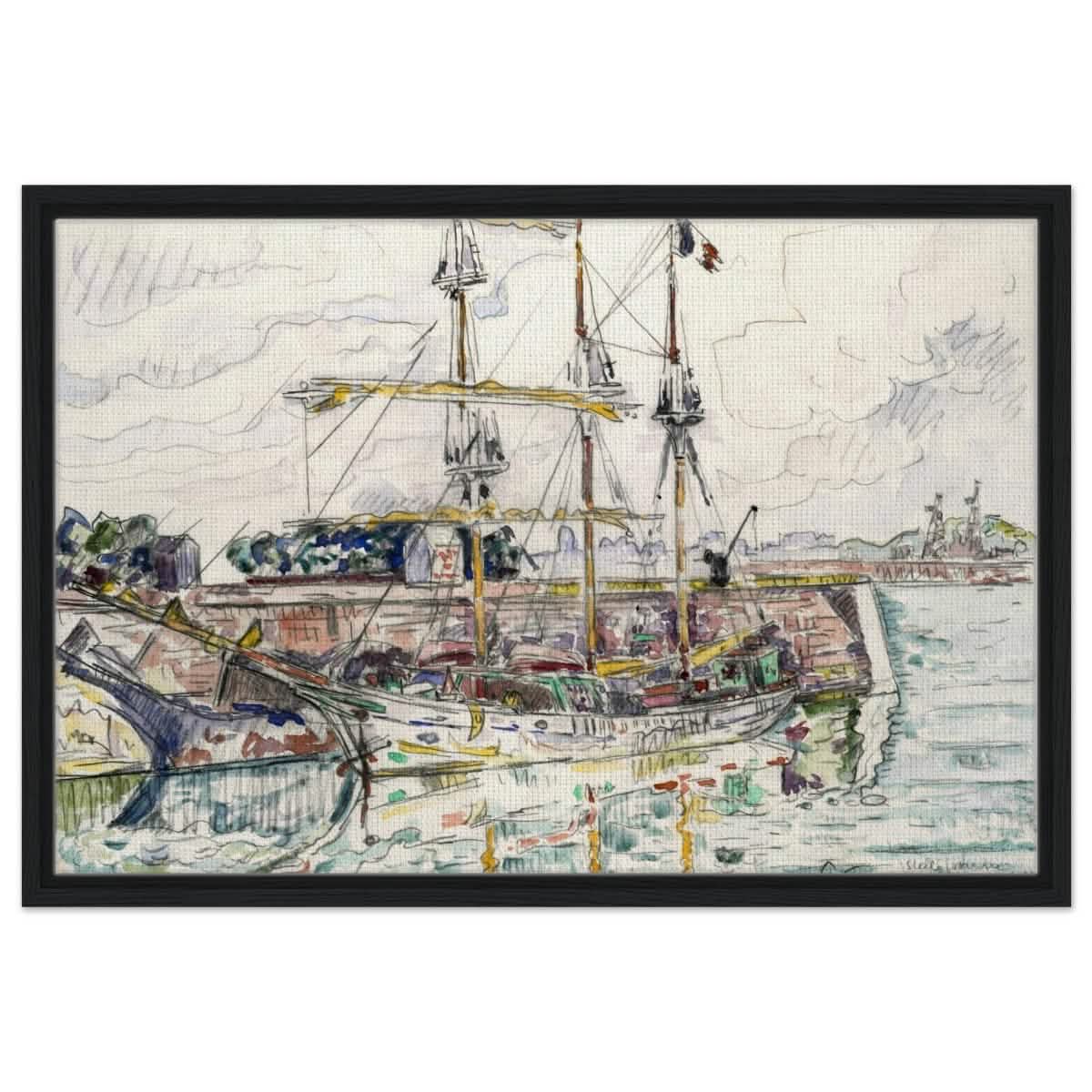 Docks at Saint Malo (1927) by Paul Signac | Vintage wall art print - Framed Canvas - 50x75 cm / 20x30″ - Black frame