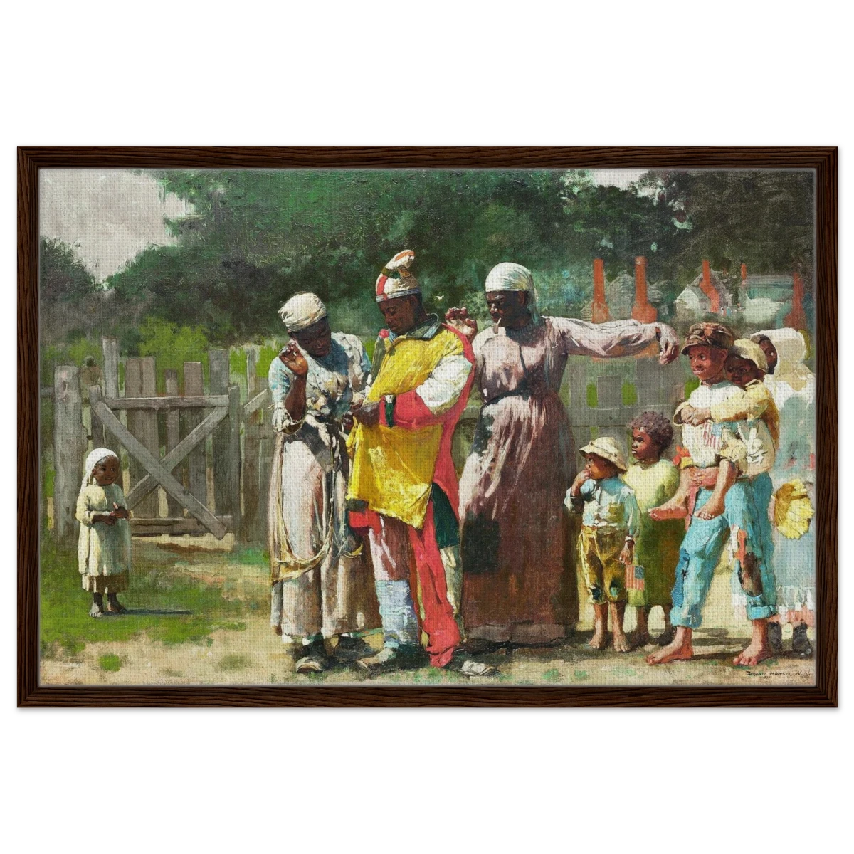 "Dressing for the Carnival" – Historical Americana Wall Art Print by Winslow Homer - Framed Canvas - 60x90 cm / 24x36″ - Dark wood frame