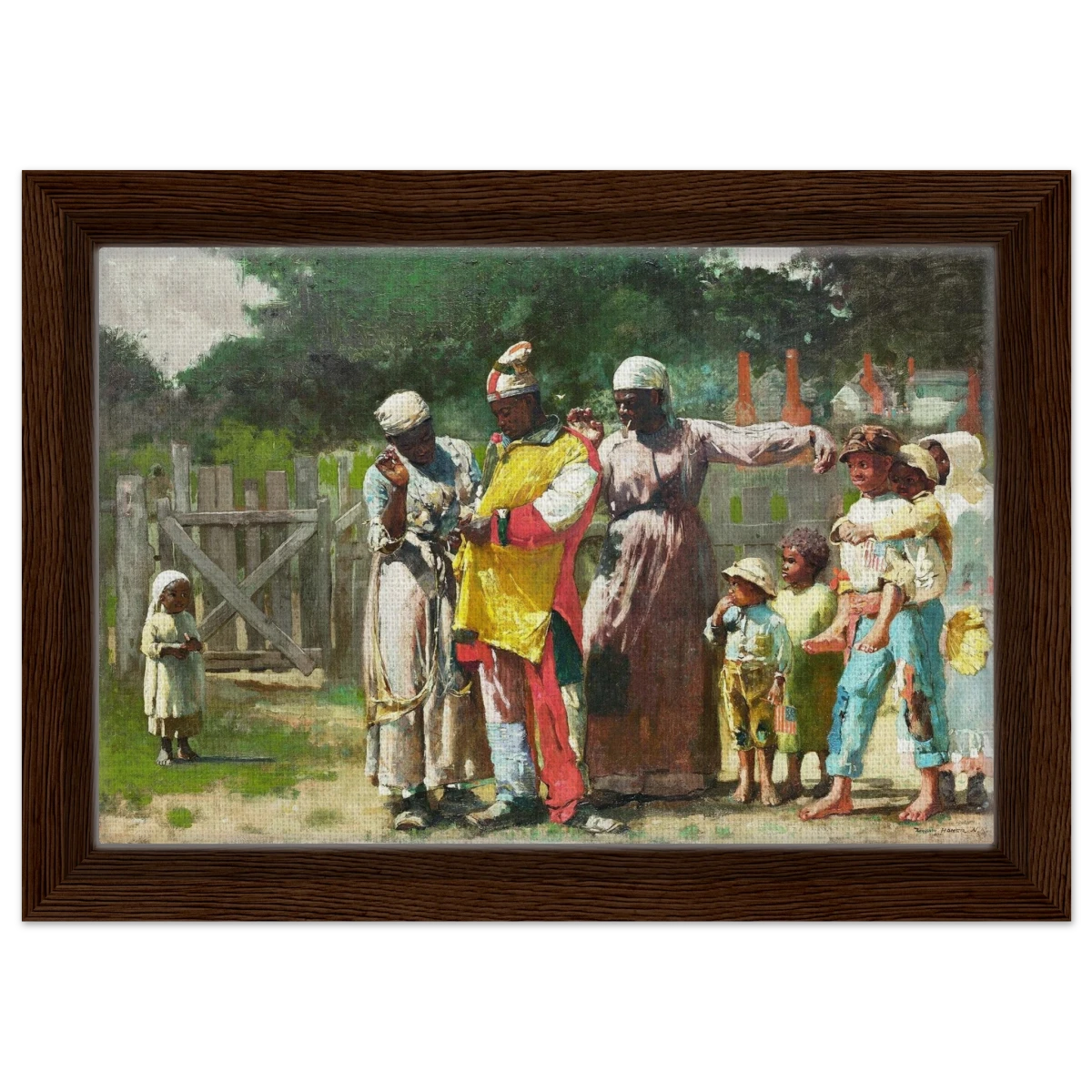 "Dressing for the Carnival" – Historical Americana Wall Art Print by Winslow Homer - Framed Canvas - 20x30 cm / 8x12″ - Dark wood frame
