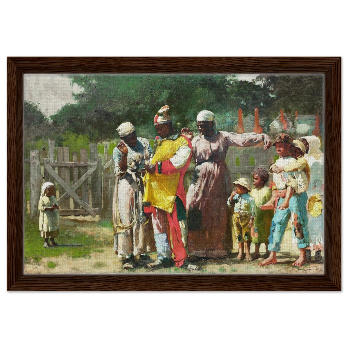 "Dressing for the Carnival" – Historical Americana Wall Art Print by Winslow Homer - Framed Canvas - 30x45 cm / 12x18″ - Dark wood frame