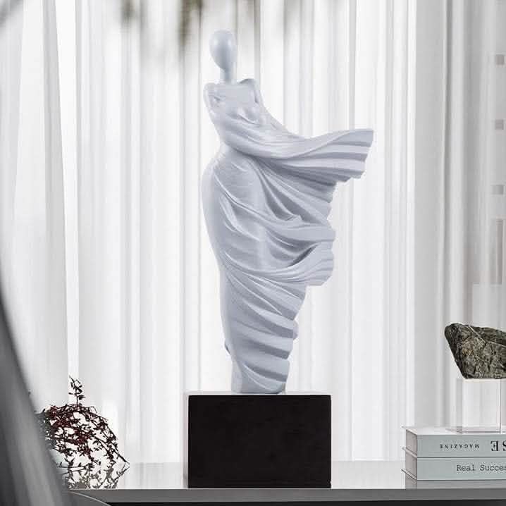 Elegant Flowing Dress Resin Sculpture – Modern Abstract Woman Figurine (White, Grey, Transparent) - Gray - 15 x 10 x 36 cm -
