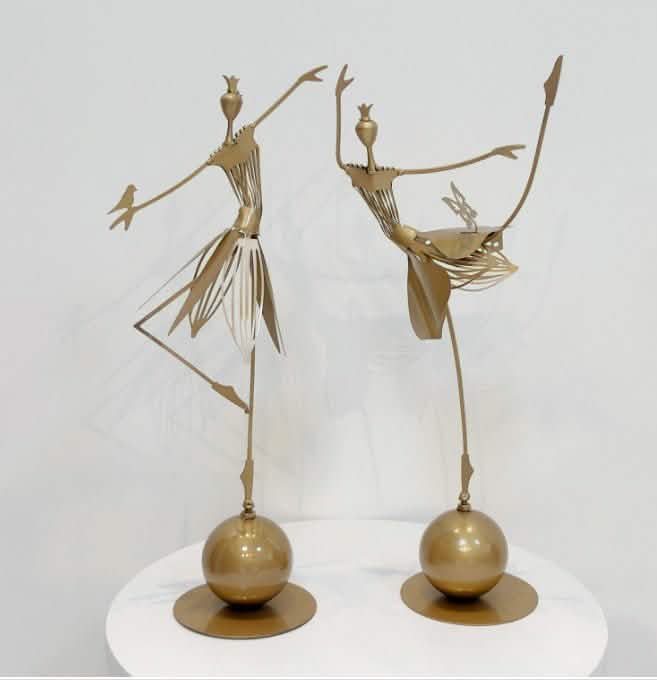 Elegant Metal Dancing Girl Sculptures – Butterfly & Bird Girl Figurines - Bird Girl - Dark Gold -