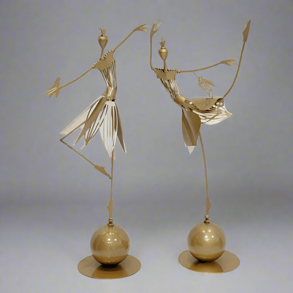 Elegant Metal Dancing Girl Sculptures – Butterfly & Bird Girl Figurines - Bird Girl - Dark Gold -