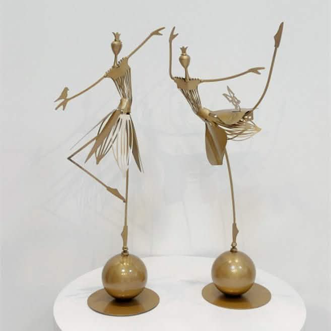 Elegant Metal Dancing Girl Sculptures – Butterfly & Bird Girl Figurines - Bird Girl - Dark Gold -