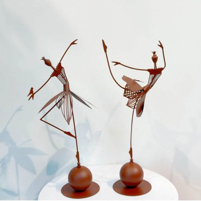 Elegant Metal Dancing Girl Sculptures – Butterfly & Bird Girl Figurines - Bird Girl - Red Rust -