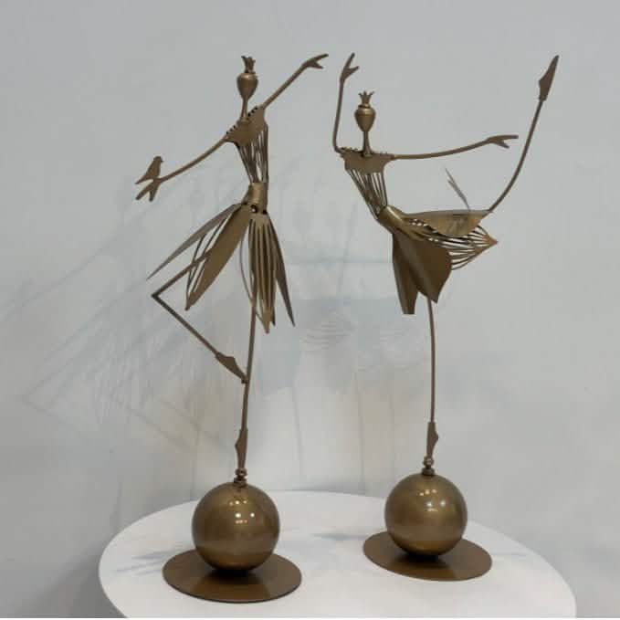 Elegant Metal Dancing Girl Sculptures – Butterfly & Bird Girl Figurines - Bird Girl - Dark Gold -