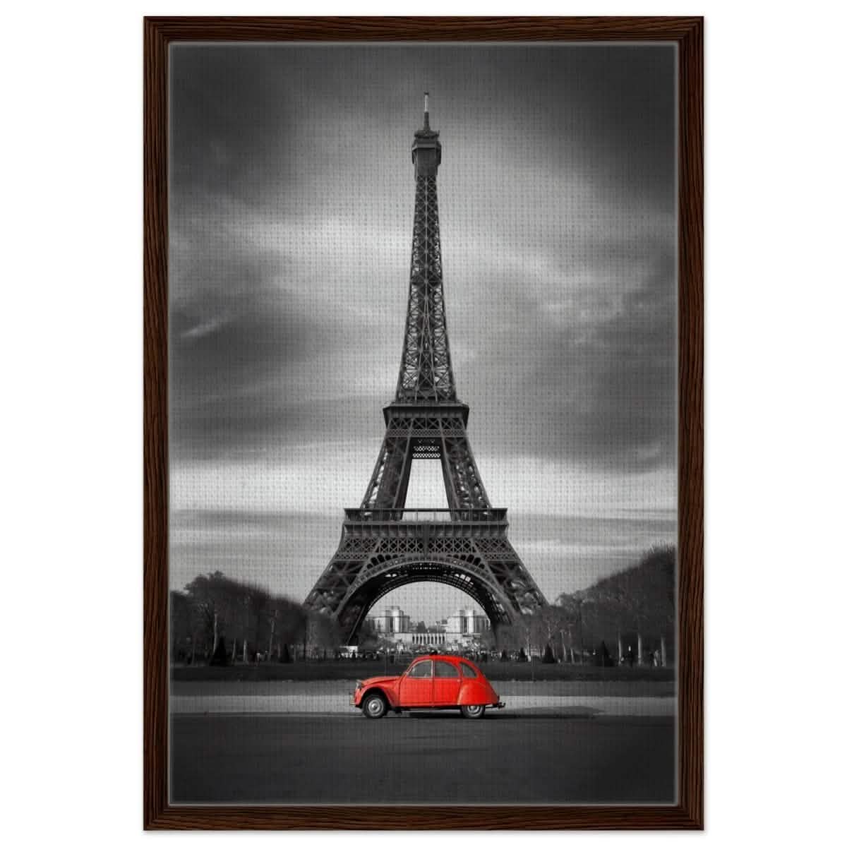 Elegant Paris - Eiffel Tower and Vintage Ride - Framed Canvas - 50x75 cm / 20x30″ - Dark wood frame