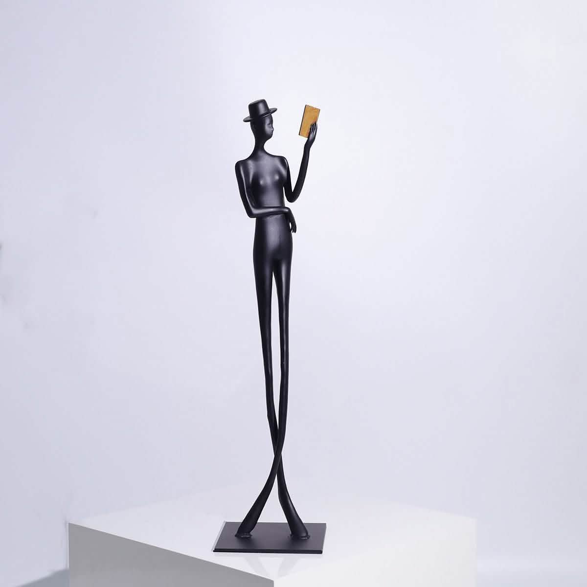 Elegant Reading woman Sculpture – Black Cast Aluminum Art Décor - 12 x 12 x 51 cm -