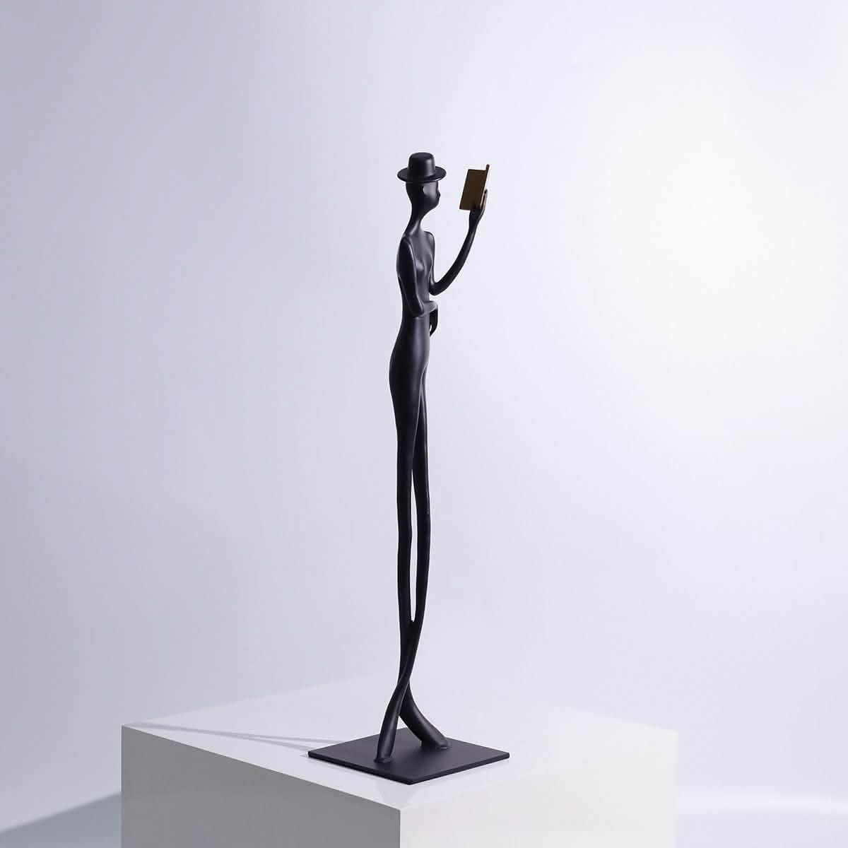 Elegant Reading woman Sculpture – Black Cast Aluminum Art Décor - 12 x 12 x 51 cm -