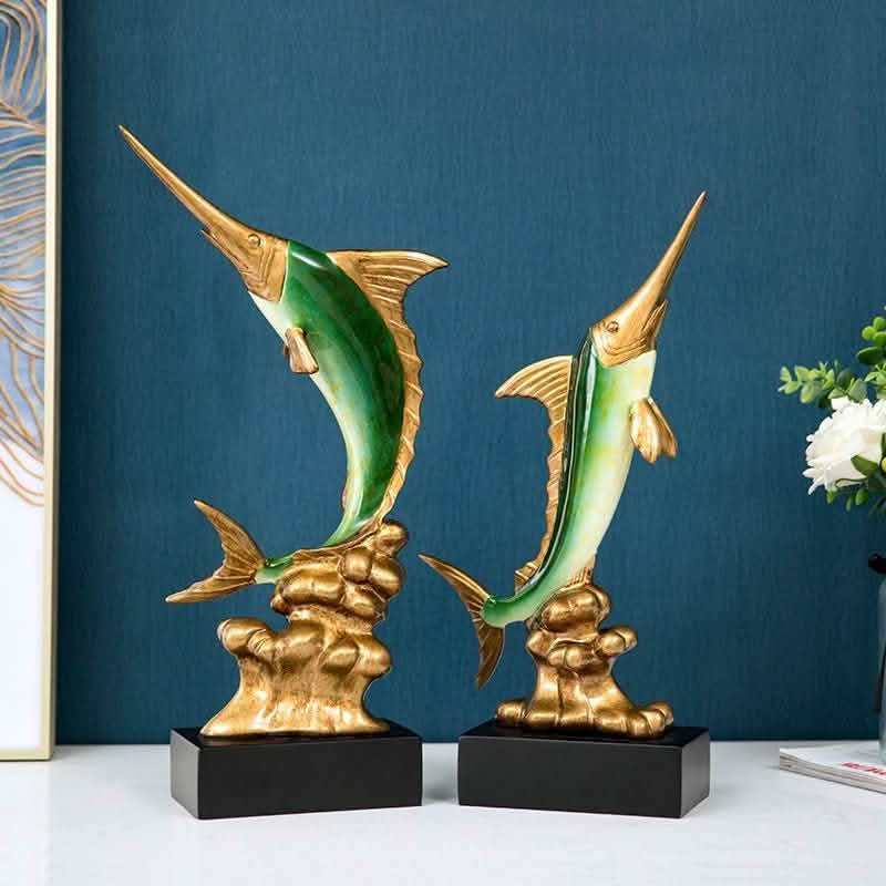 Elegant Swordfish Resin Sculptures – Ocean Inspired Home Décor - Bright Gold Swordfish – Pair -