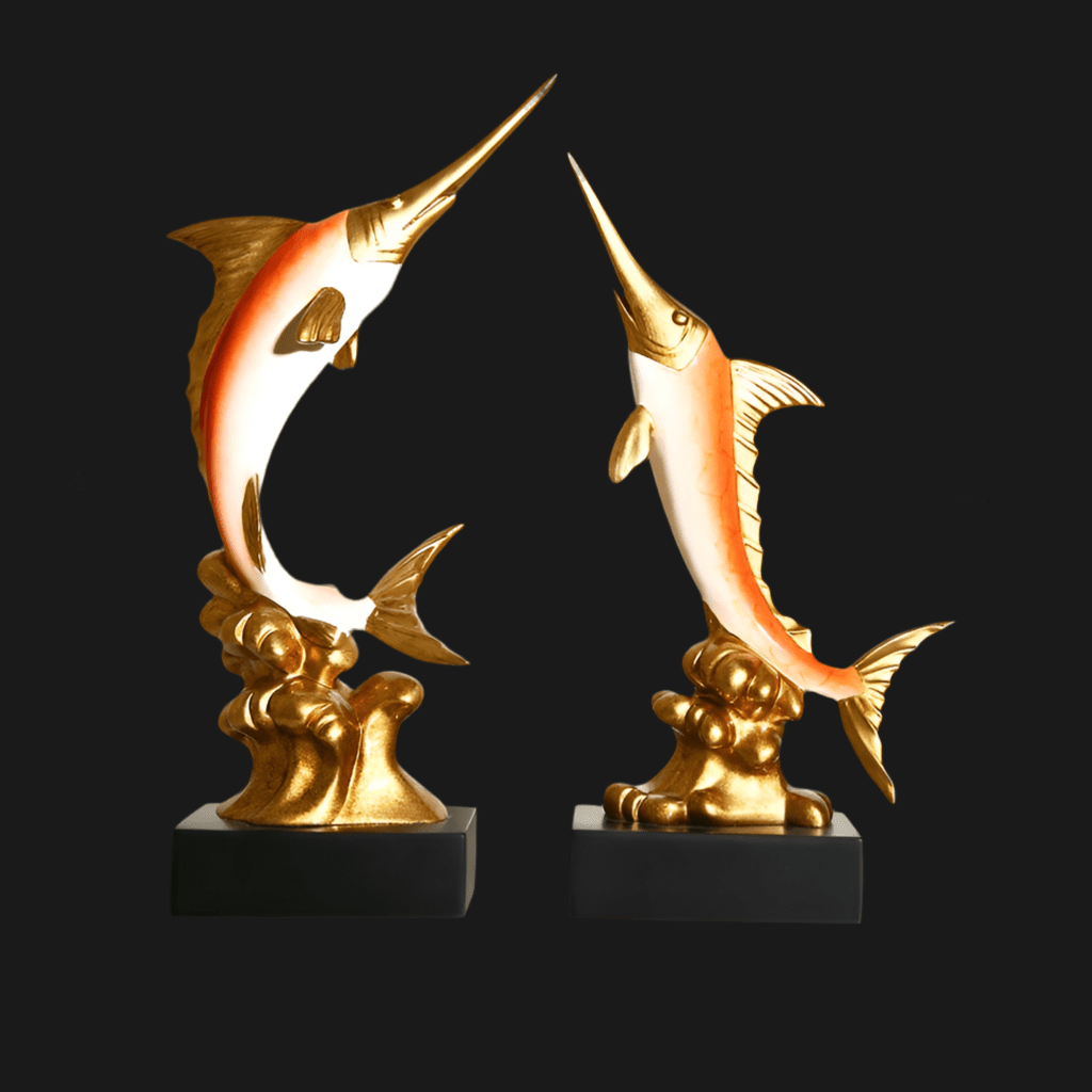 Elegant Swordfish Resin Sculptures – Ocean Inspired Home Décor - Bright Gold Swordfish – Pair -