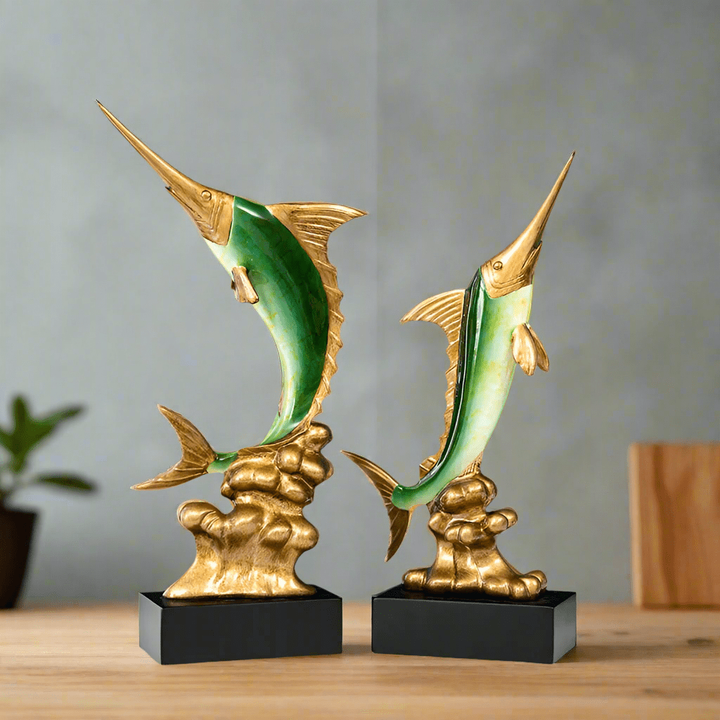 Elegant Swordfish Resin Sculptures – Ocean Inspired Home Décor - Bright Gold Swordfish – Pair -