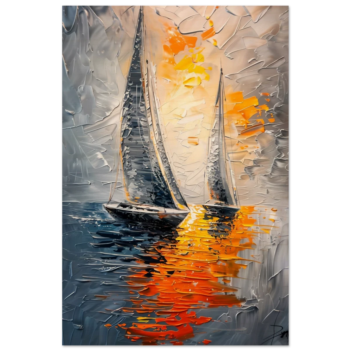 “Ember Sails” – Sailing Into the Sunset on Firelight Waters | Wall art Print - Wood Prints - 20x30 cm / 8x12″ -