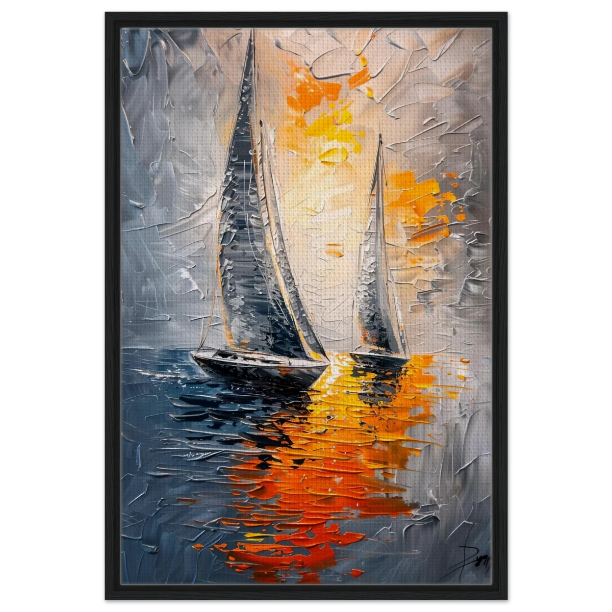 “Ember Sails” – Sailing Into the Sunset on Firelight Waters | Wall art Print - Framed Canvas - 60x90 cm / 24x36″ - Black frame