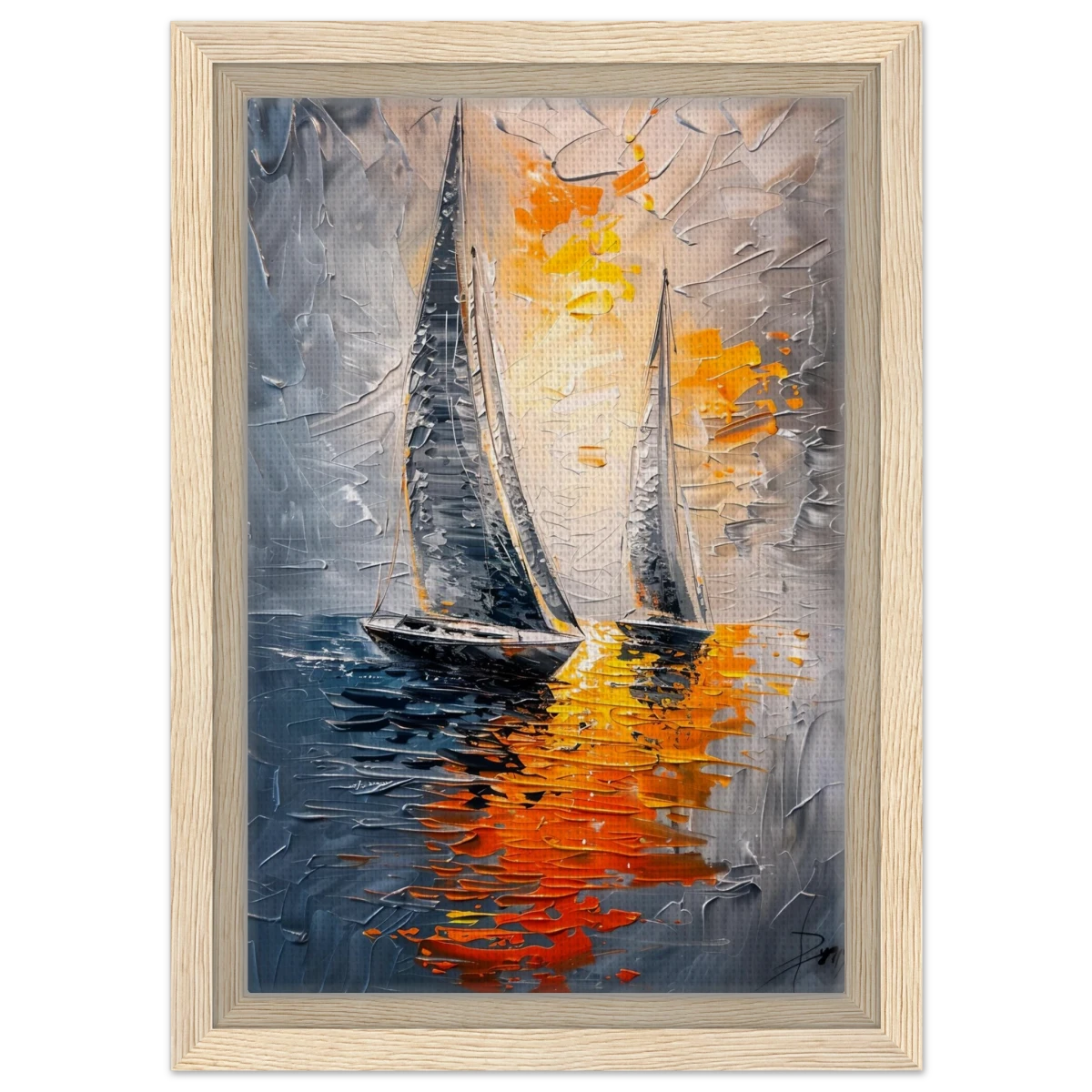 “Ember Sails” – Sailing Into the Sunset on Firelight Waters | Wall art Print - Framed Canvas - 20x30 cm / 8x12″ - Wood frame