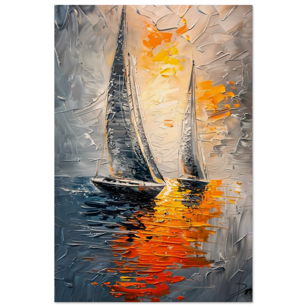 “Ember Sails” – Sailing Into the Sunset on Firelight Waters | Wall art Print - Wood Prints - 30x45 cm / 12x18″ -