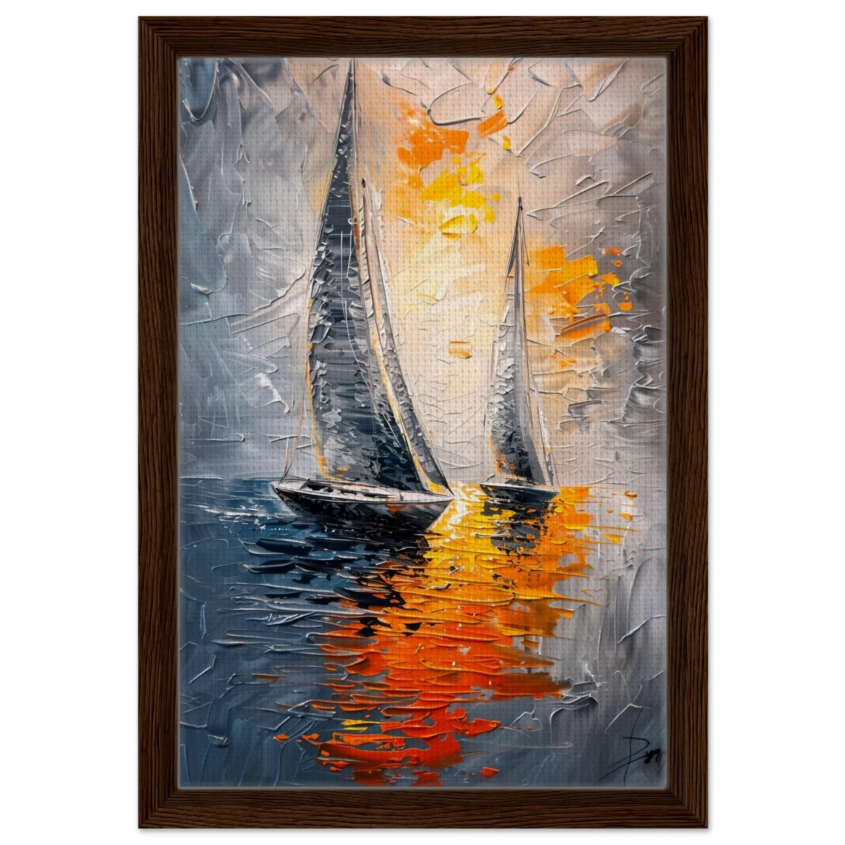 “Ember Sails” – Sailing Into the Sunset on Firelight Waters | Wall art Print - Framed Canvas - 30x45 cm / 12x18″ - Dark wood frame