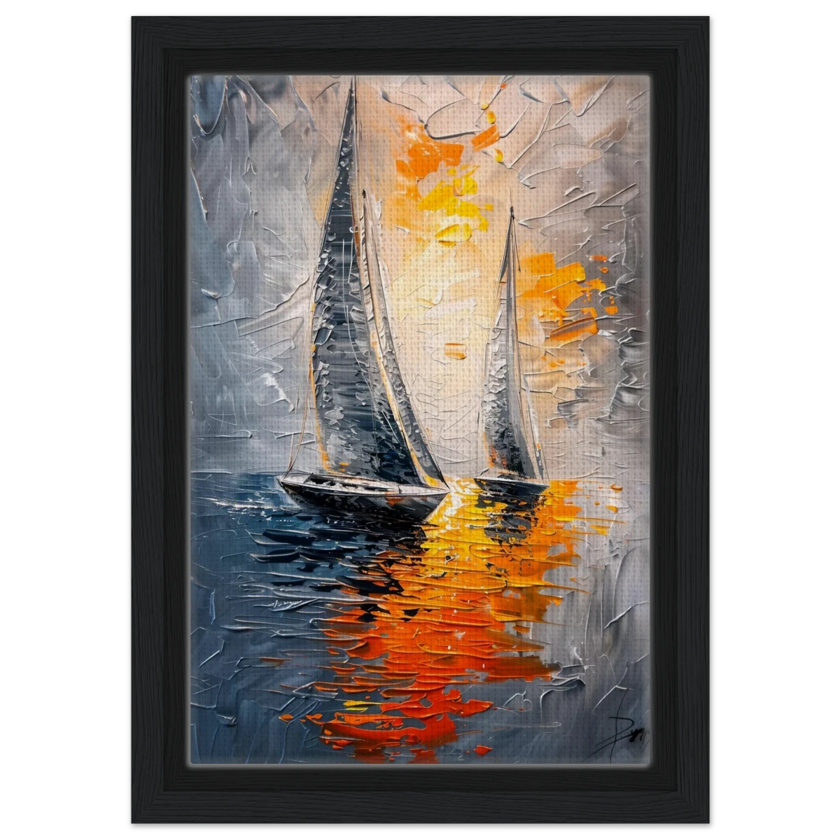 “Ember Sails” – Sailing Into the Sunset on Firelight Waters | Wall art Print - Framed Canvas - 20x30 cm / 8x12″ - Black frame