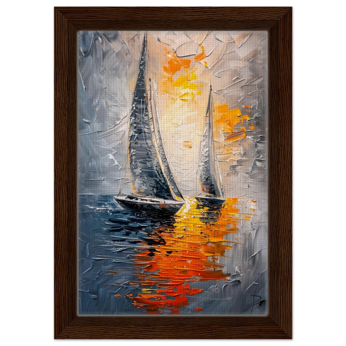 “Ember Sails” – Sailing Into the Sunset on Firelight Waters | Wall art Print - Framed Canvas - 20x30 cm / 8x12″ - Dark wood frame