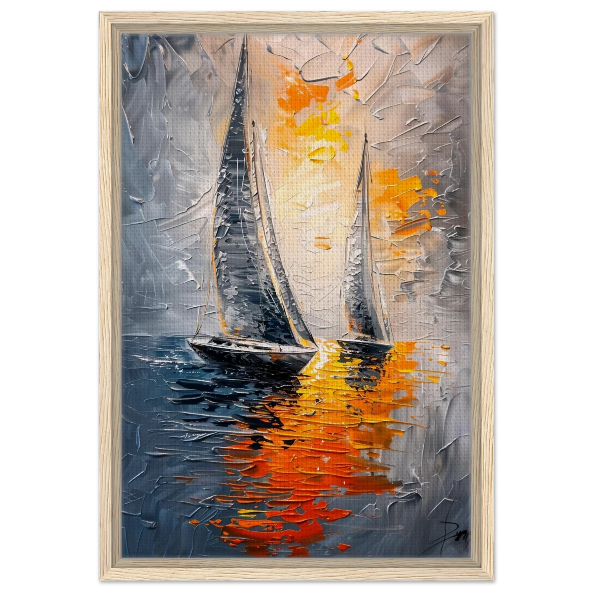 “Ember Sails” – Sailing Into the Sunset on Firelight Waters | Wall art Print - Framed Canvas - 40x60 cm / 16x24″ - Wood frame