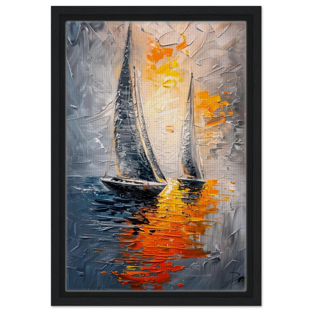 “Ember Sails” – Sailing Into the Sunset on Firelight Waters | Wall art Print - Framed Canvas - 30x45 cm / 12x18″ - Black frame