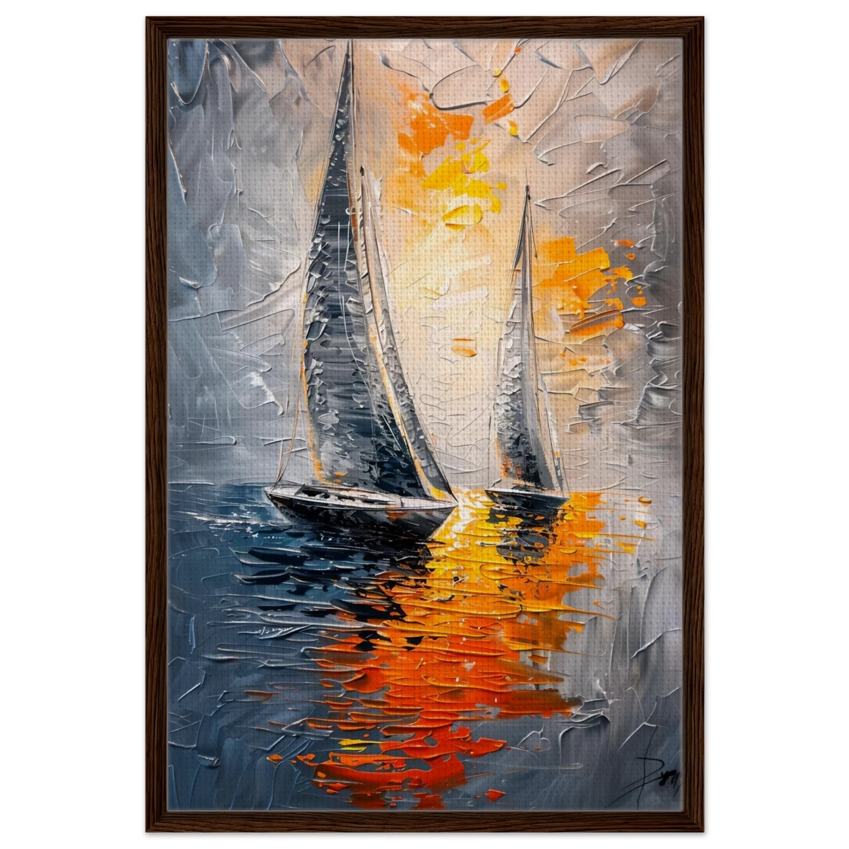 “Ember Sails” – Sailing Into the Sunset on Firelight Waters | Wall art Print - Framed Canvas - 60x90 cm / 24x36″ - Dark wood frame